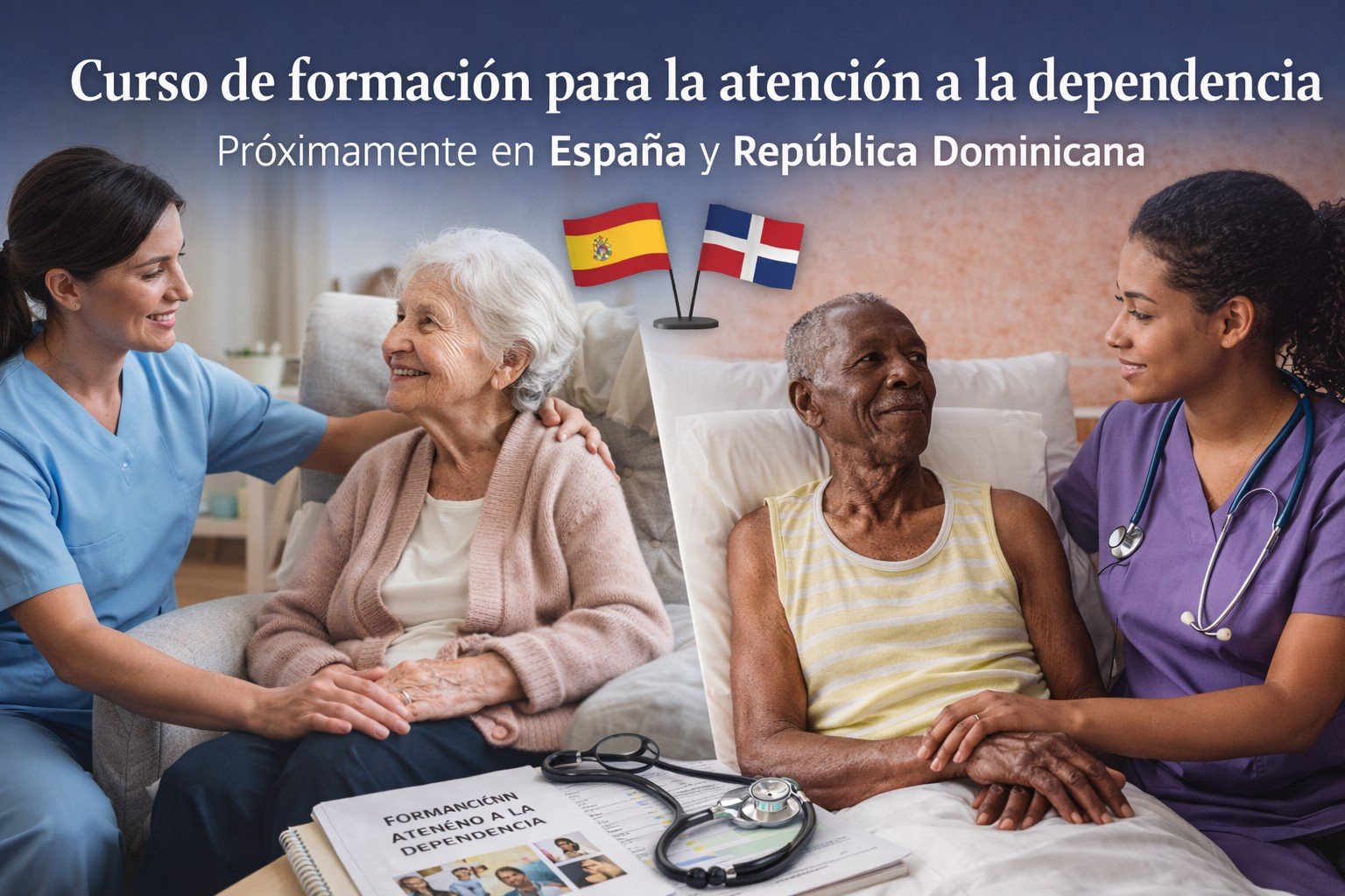 Ilustración de un curso de formación en atención a la dependencia, con personas mayores, personal cuidador y banderas de España y la República Dominicana
